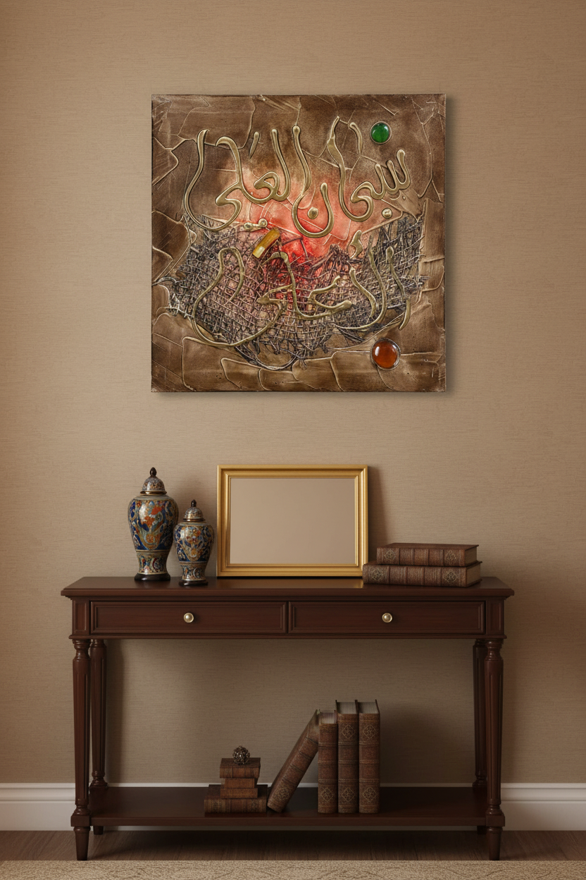 Islamic calligraphy bronze gold wall art displayed above console stand in living room