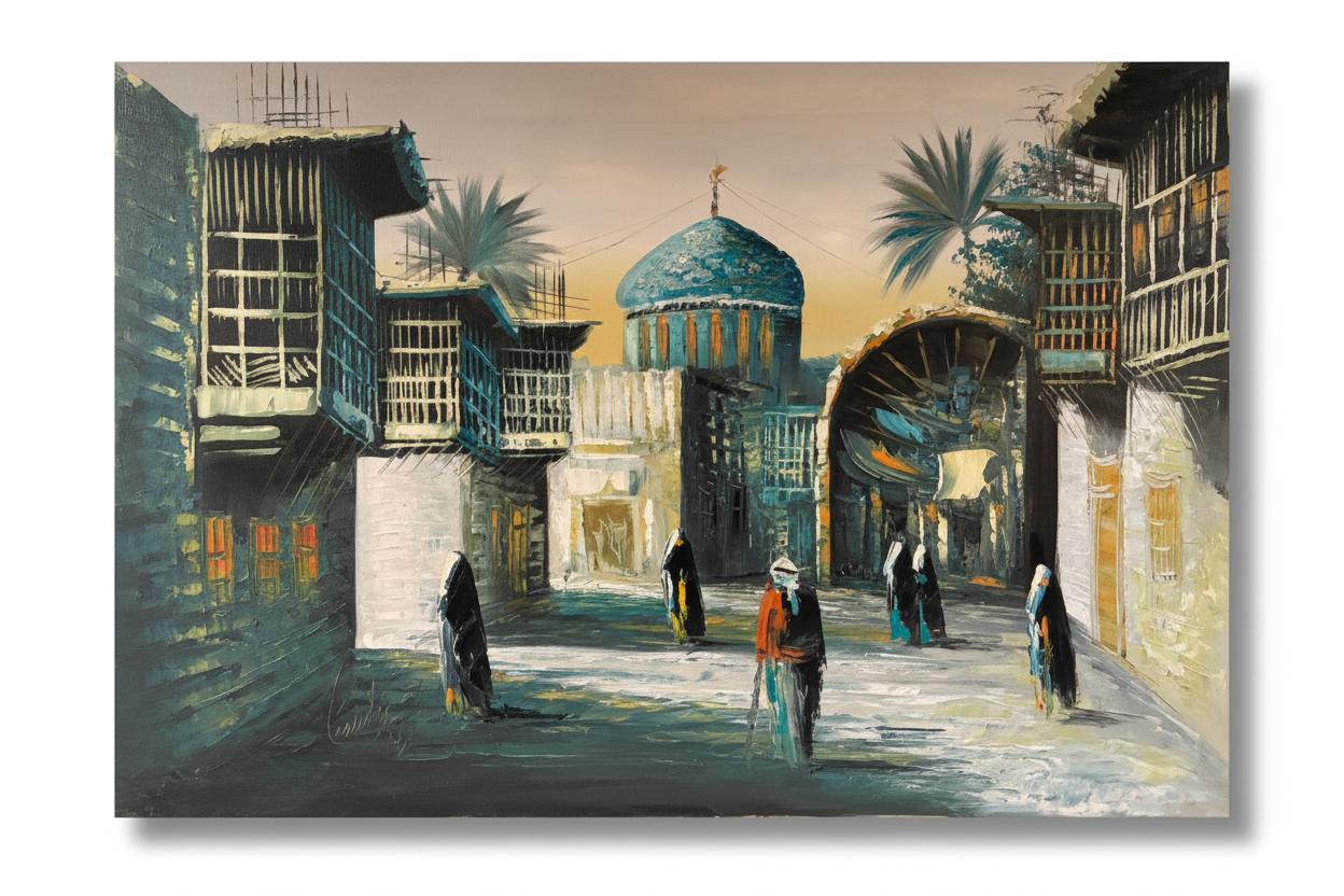 Original Middle East old city street oil painting isolated on white background with natural drop shadow, unframed canvas 35.43 by 23.62 inches