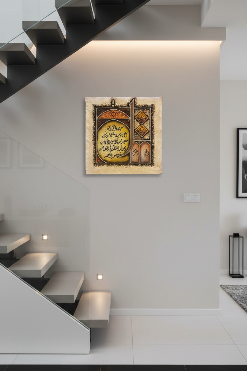 Surah Al-Falaq canvas displayed on staircase wall – 35cm x 35cm square