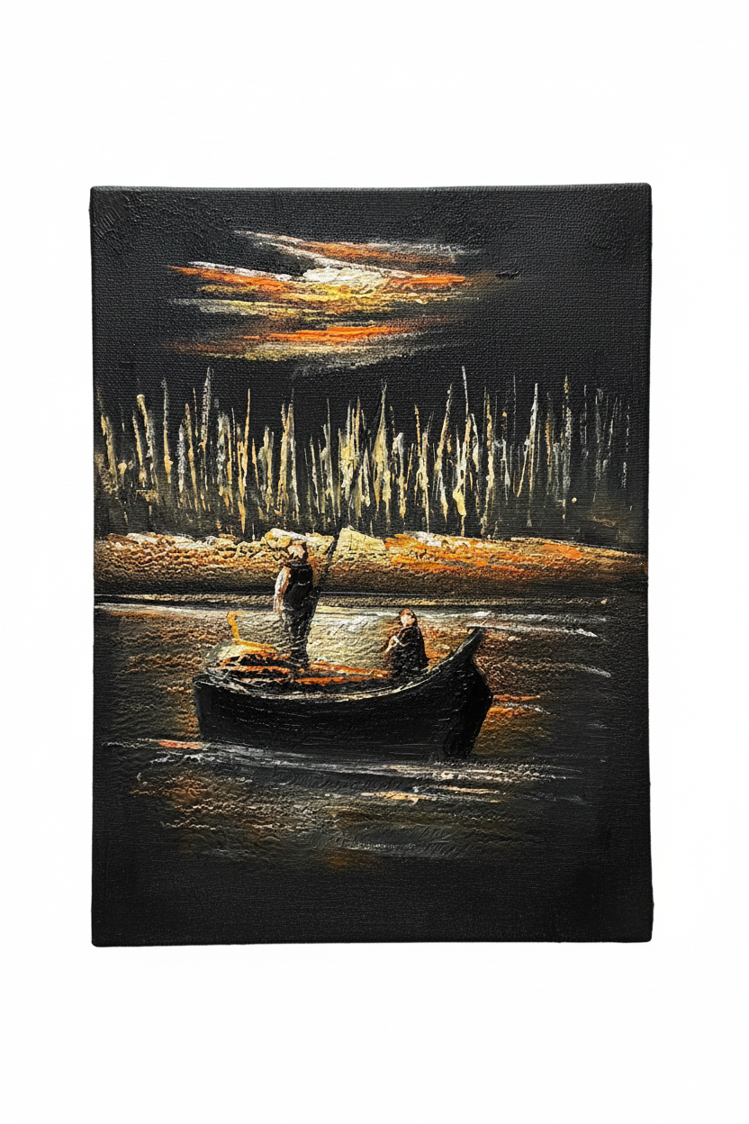 Night fishing boat on the river fine art canvas on white background product photo