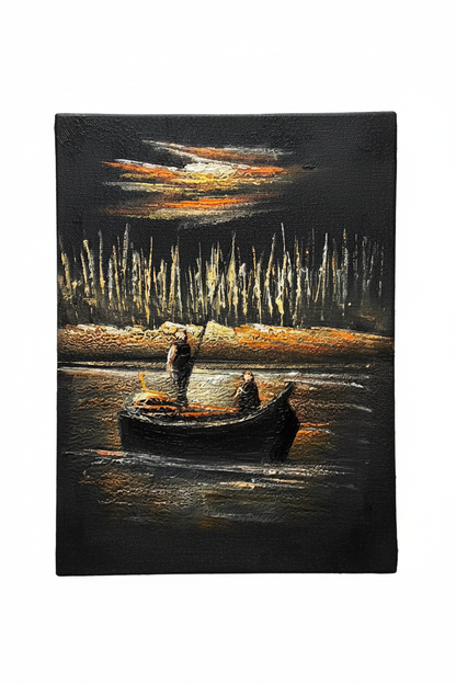 Night fishing boat on the river fine art canvas on white background product photo
