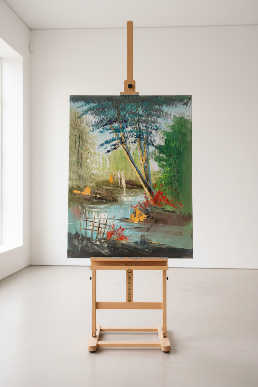 Pond painting displayed on wooden easel stand in minimalist studio