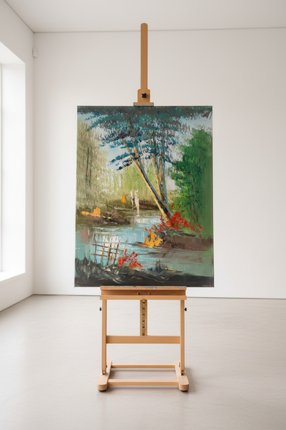 Pond painting displayed on wooden easel stand in minimalist studio