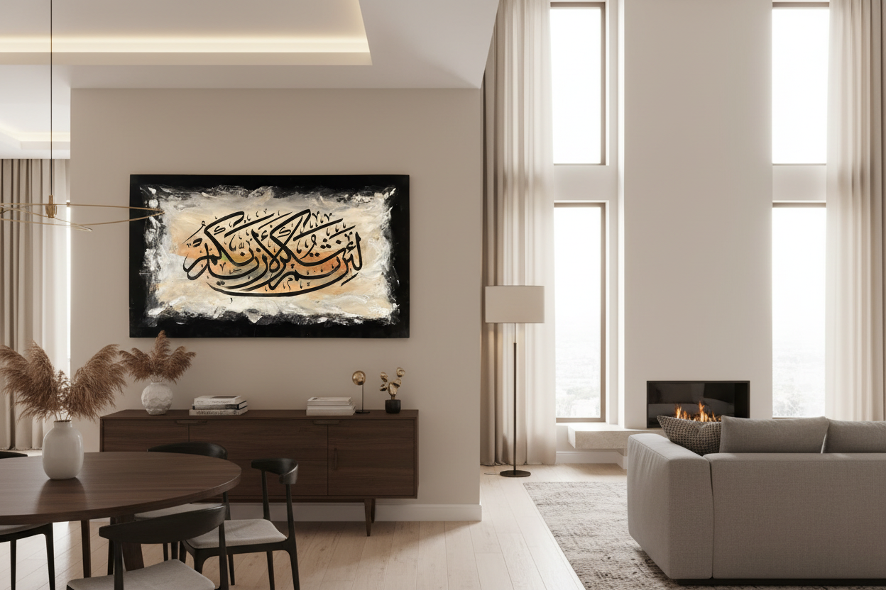 La Taqnatu Min Rahmatillah canvas displayed in open area dining room