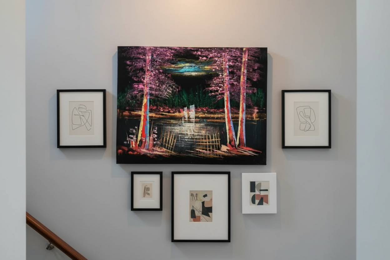 Colorful forest lake night canvas art displayed on staircase gallery wall in modern home lifestyle photo
