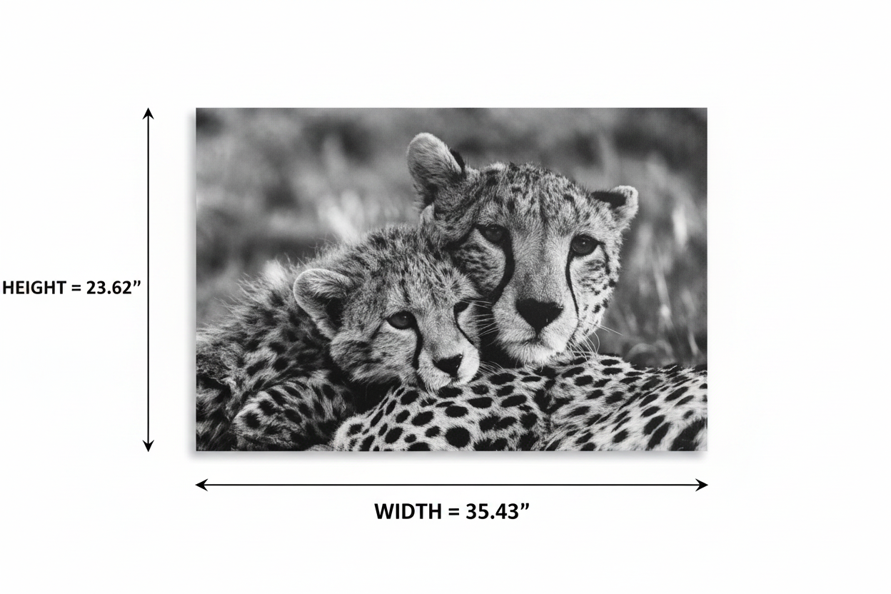 Dimension diagram of cheetah canvas print showing width 35.43 inches and height 23.62 inches on white background