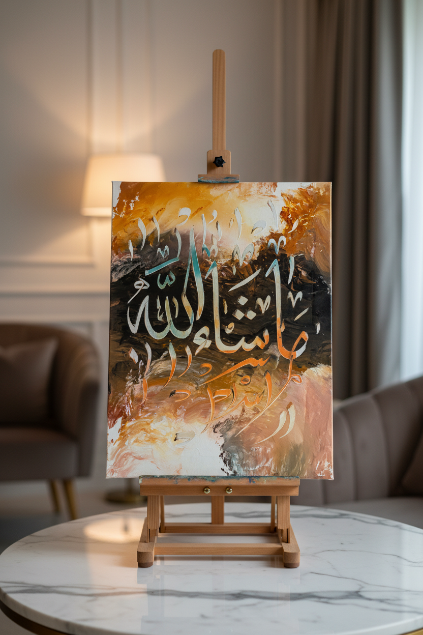 Masha'Allah amber Arabic calligraphy canvas art on a wooden easel display stand, portrait orientation, no frame gallery wrap, luxury home decor