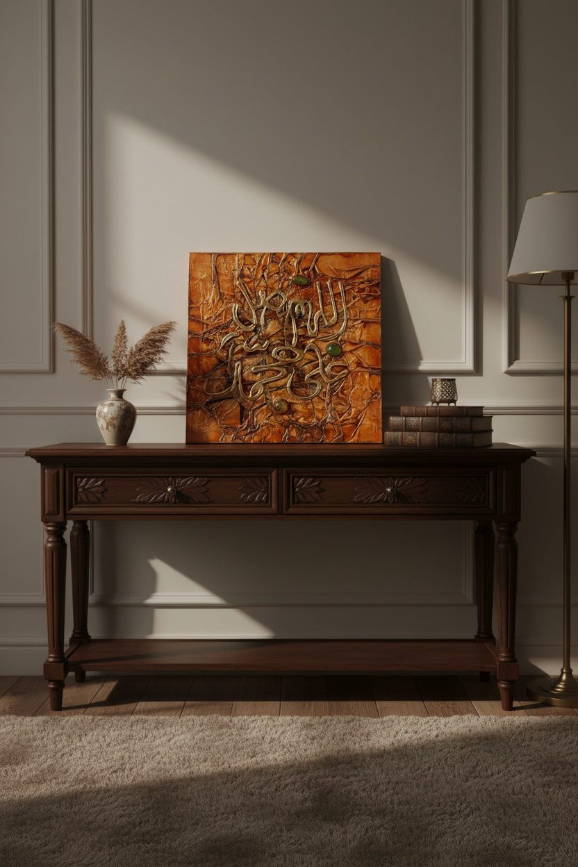 Islamic calligraphy burnt orange copper wall art displayed on wooden console stand