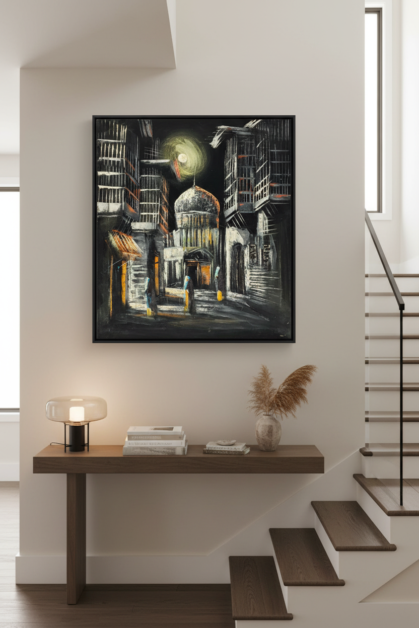 Moonlit domed mosque city street night scene canvas art staged on a modern home stairway wall