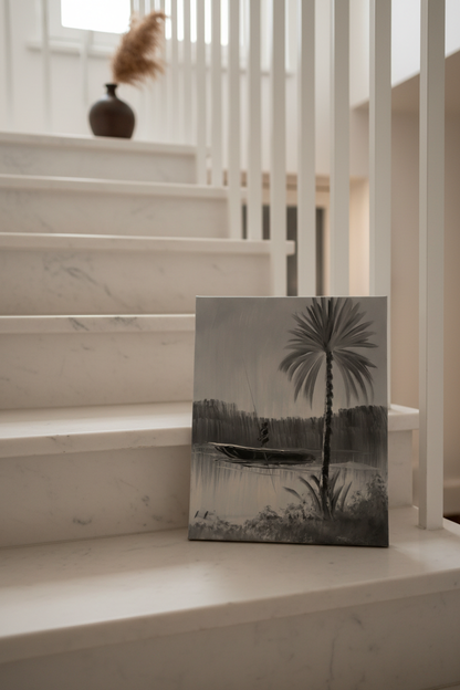 Original grey palm tree fisherman oil painting leaning on marble staircase step in luxury home interior