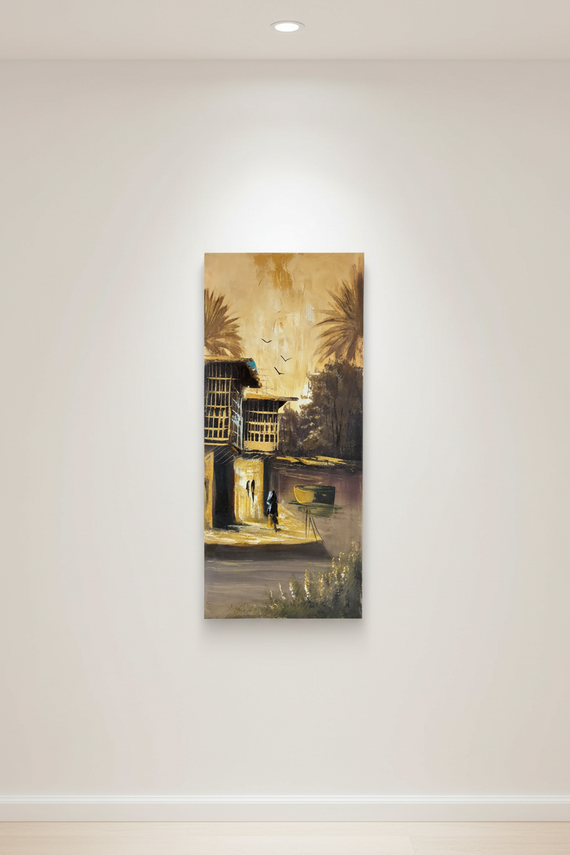 Original oil painting hung centered on a clean empty white wall, no frame, canvas only