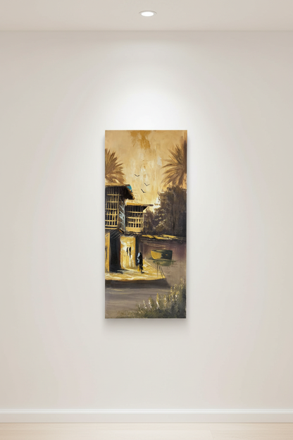 Original oil painting hung centered on a clean empty white wall, no frame, canvas only