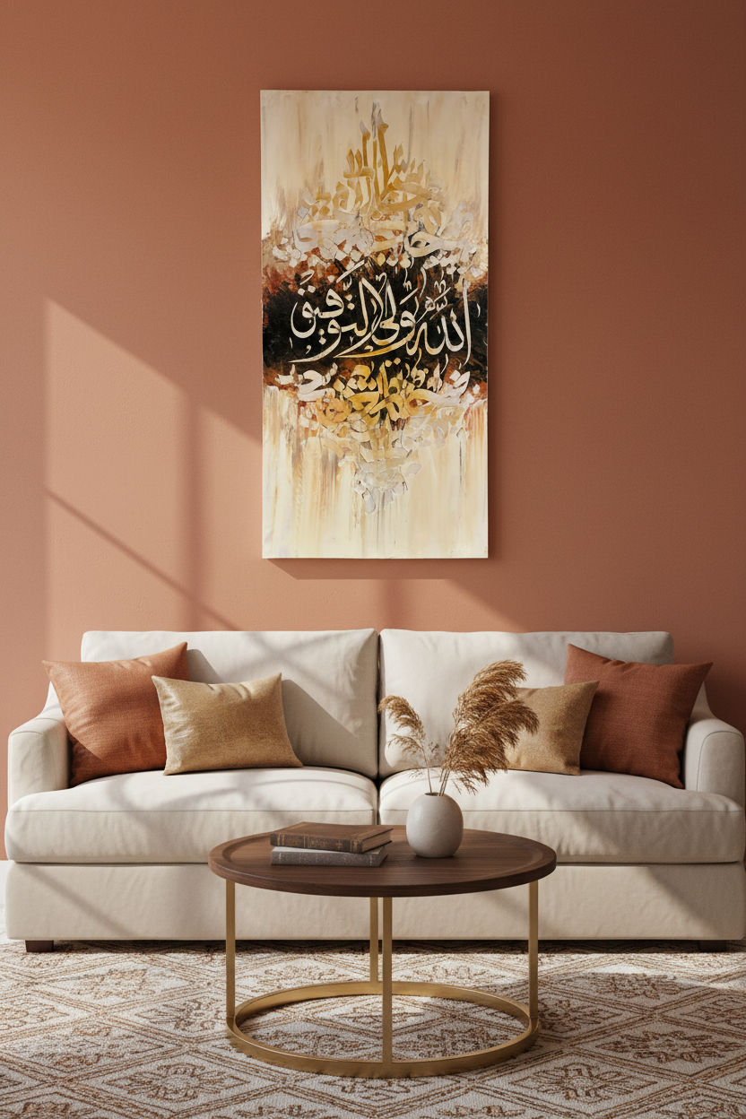 Allahu Waliyyul Tawfiq Islamic calligraphy canvas art in a cozy sitting area – lifestyle mockup, no frame