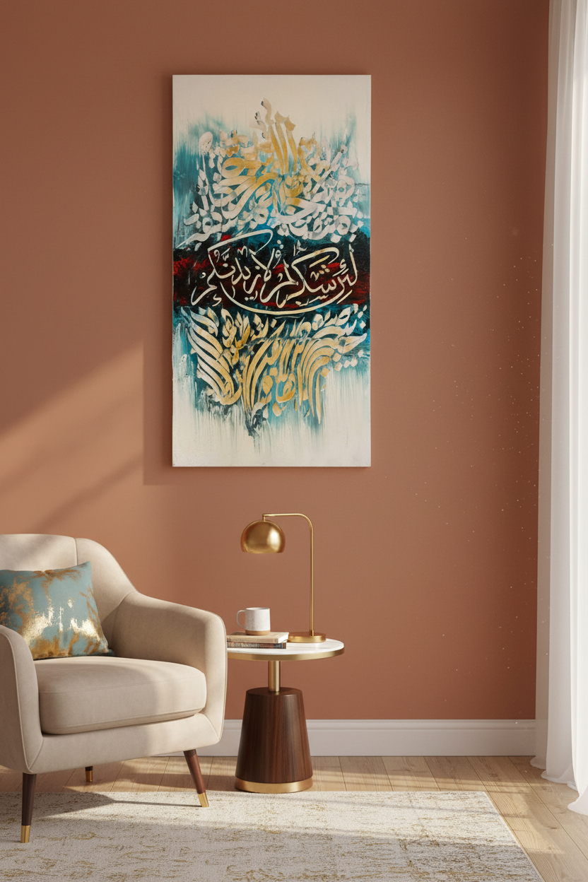 Islamic calligraphy canvas art in a cozy sitting area – lifestyle mockup, no frame