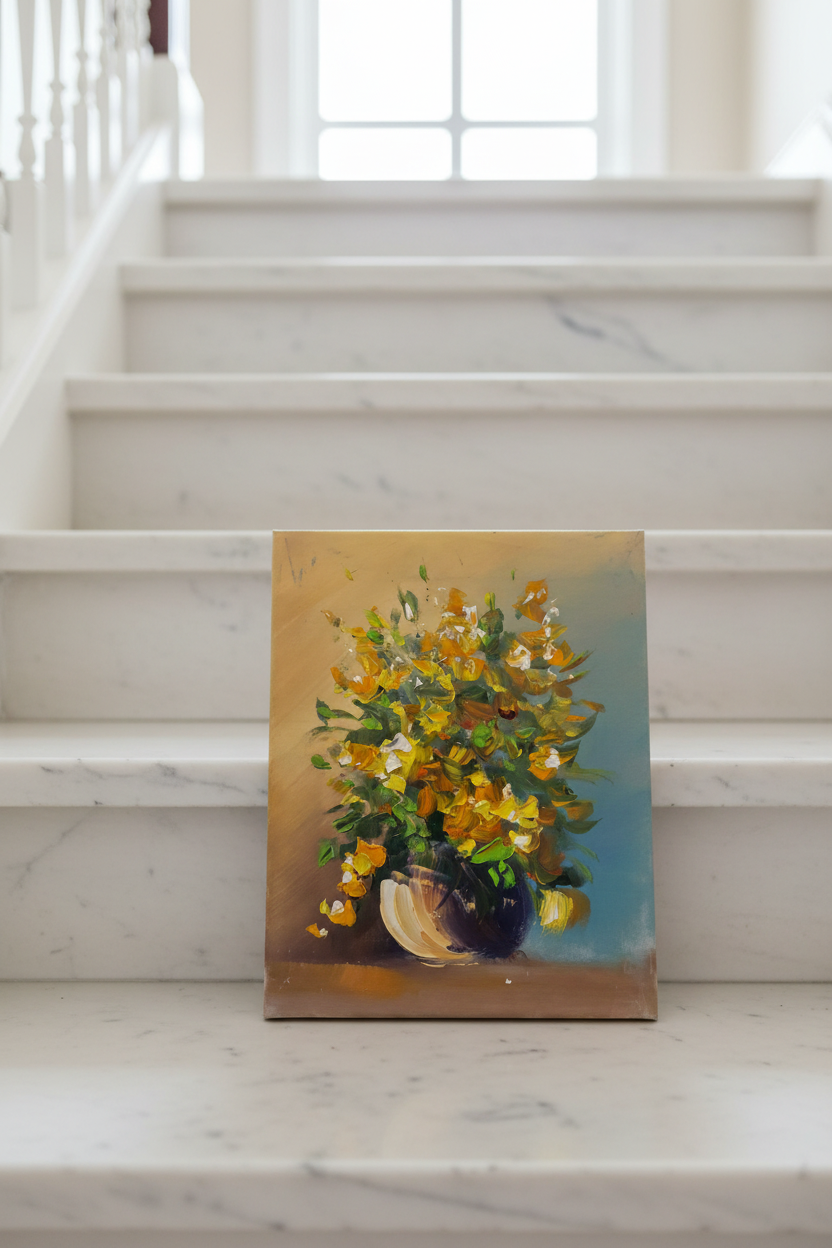 Original yellow floral impasto oil painting leaning on marble staircase step in luxury home interior