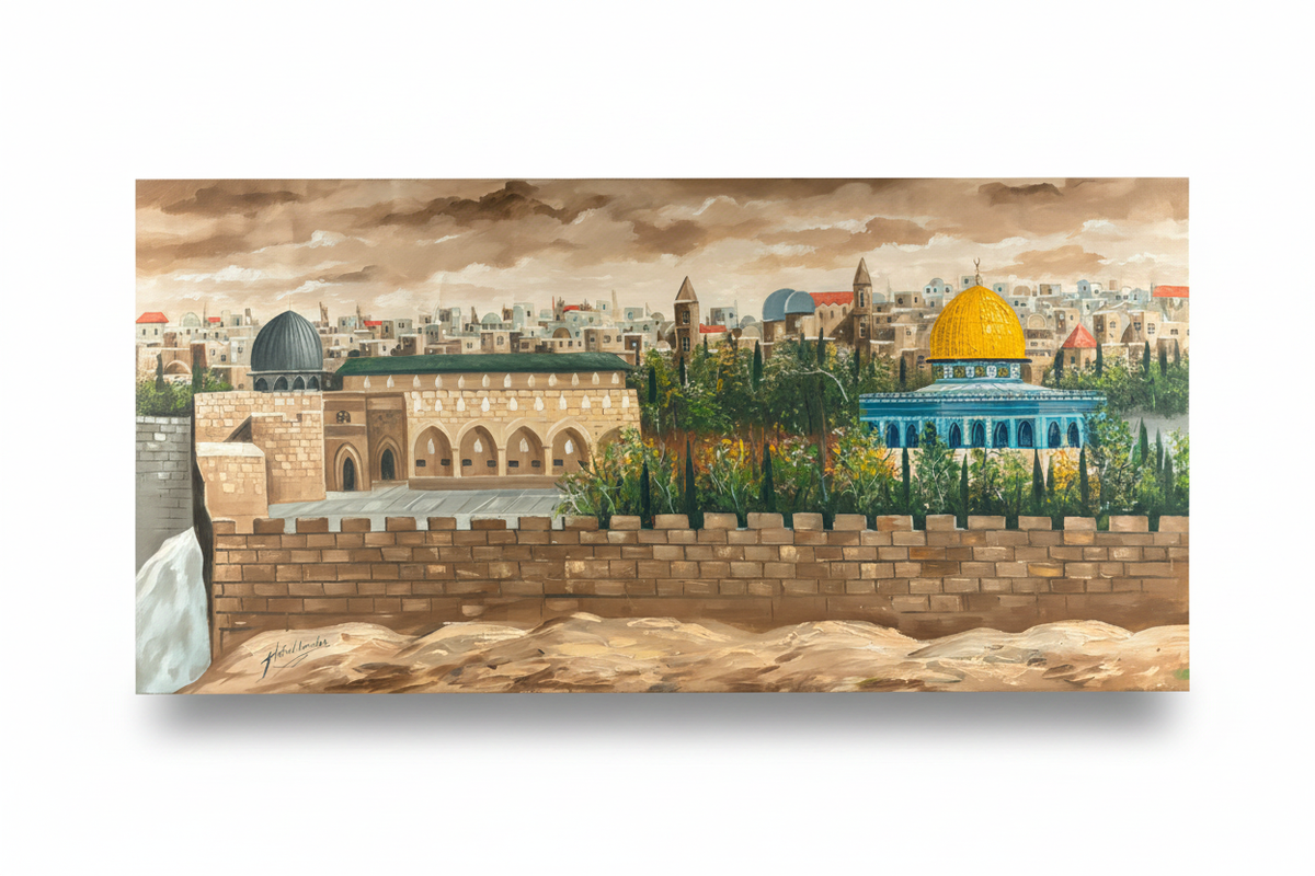 Al-Aqsa oil painting on white background with shadow – studio presentation
