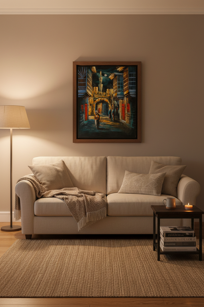 Middle Eastern old city bazaar archway night scene canvas art staged in a cozy living room sitting area above a sofa