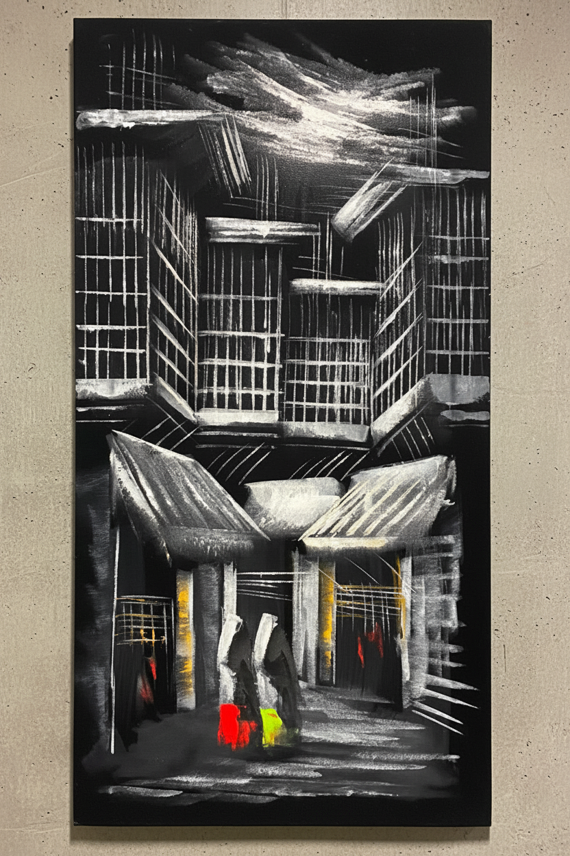City Noir painting displayed on concrete grey wall