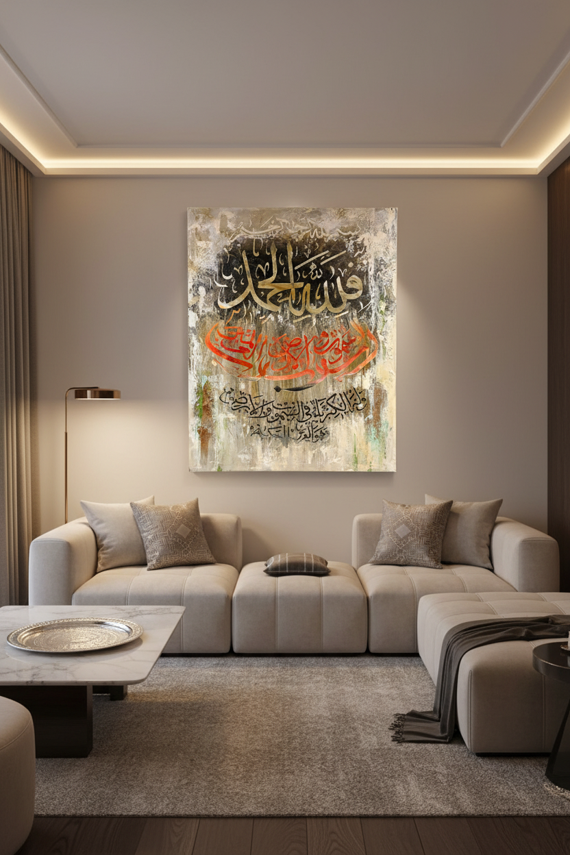 Frameless Arabic calligraphy canvas art displayed in luxury living room interior