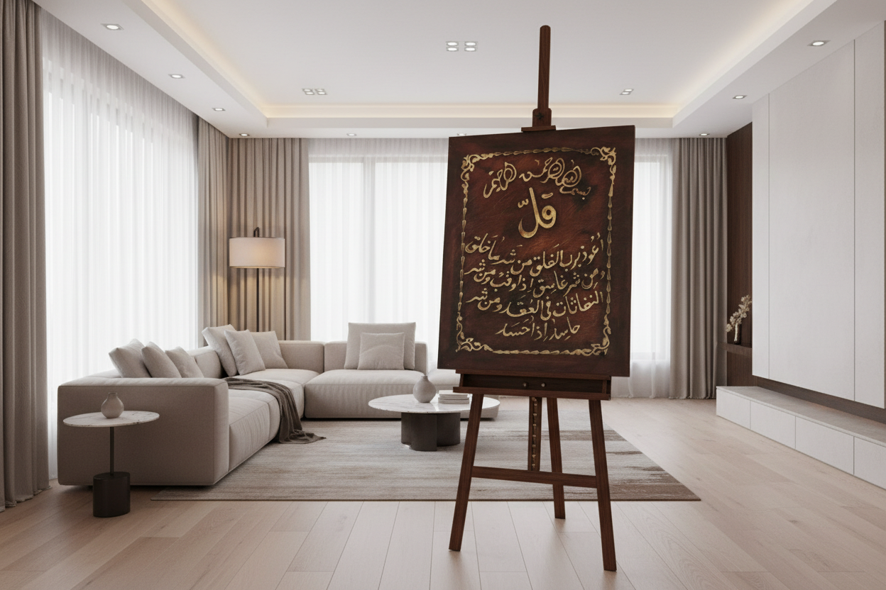 Surah Al-Falaq wooden Islamic calligraphy panel displayed on easel stand in modern living room