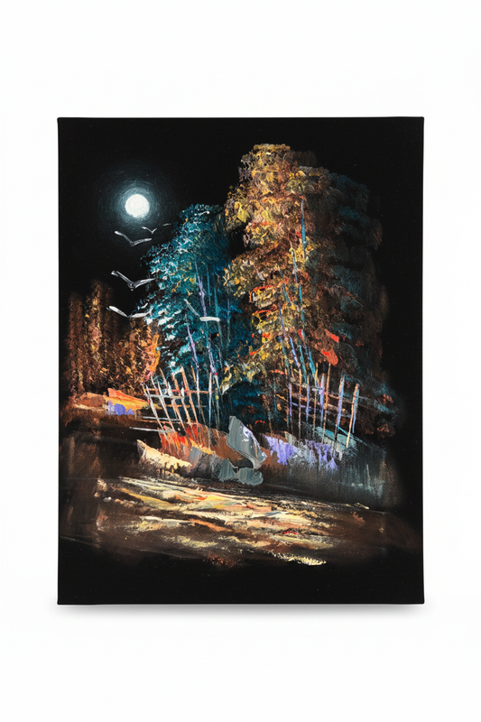 Moonlit Forest at Night oil painting isolated on pure white background — clean studio product shot, no frame, portrait canvas