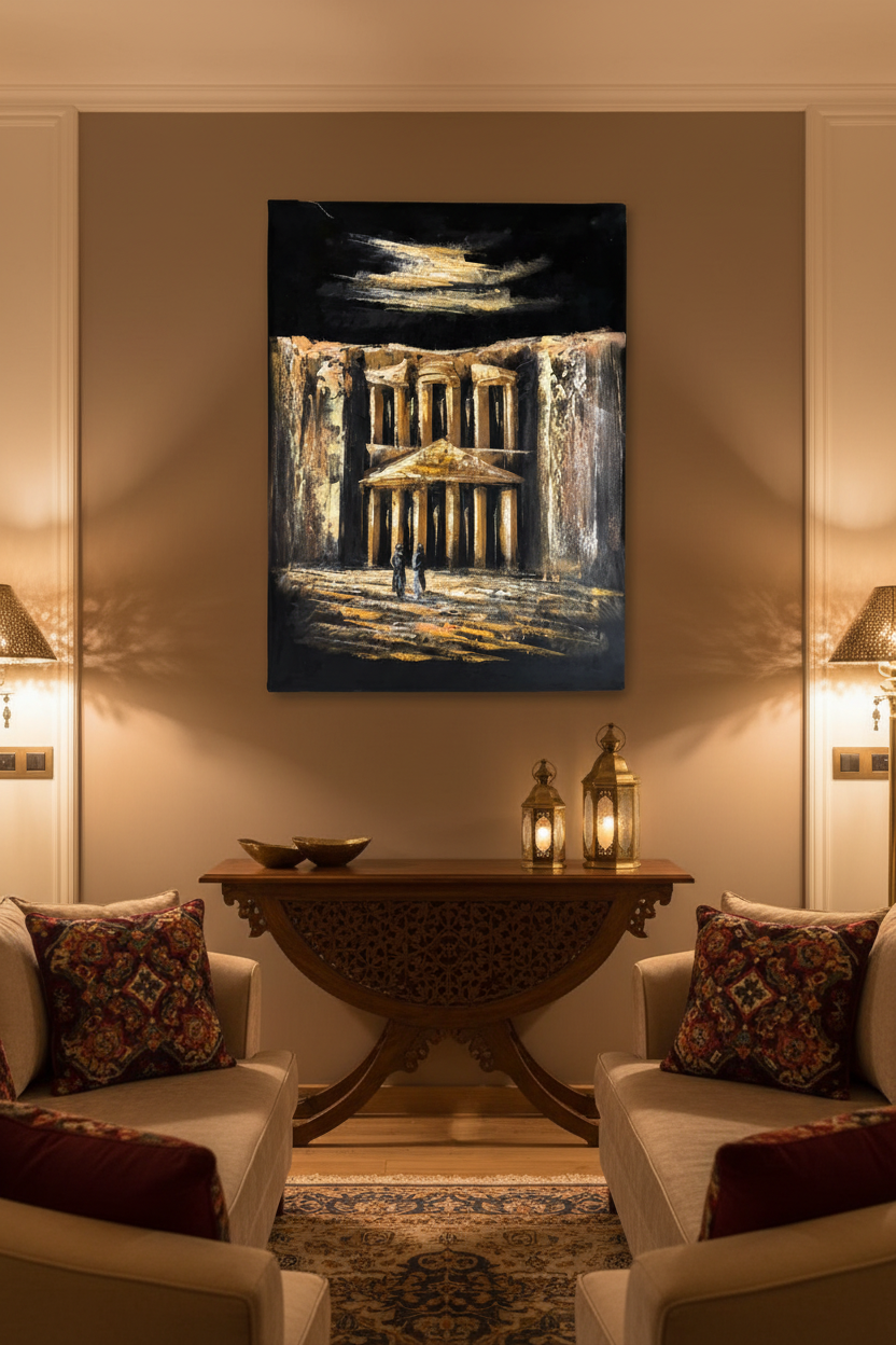 Petra Treasury night canvas art hung on terracotta accent wall in elegant Middle Eastern inspired living room lifestyle photo