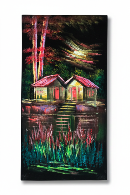 Twin Red Roof Cabins by the Lake at Night original oil painting on white background with natural shadow