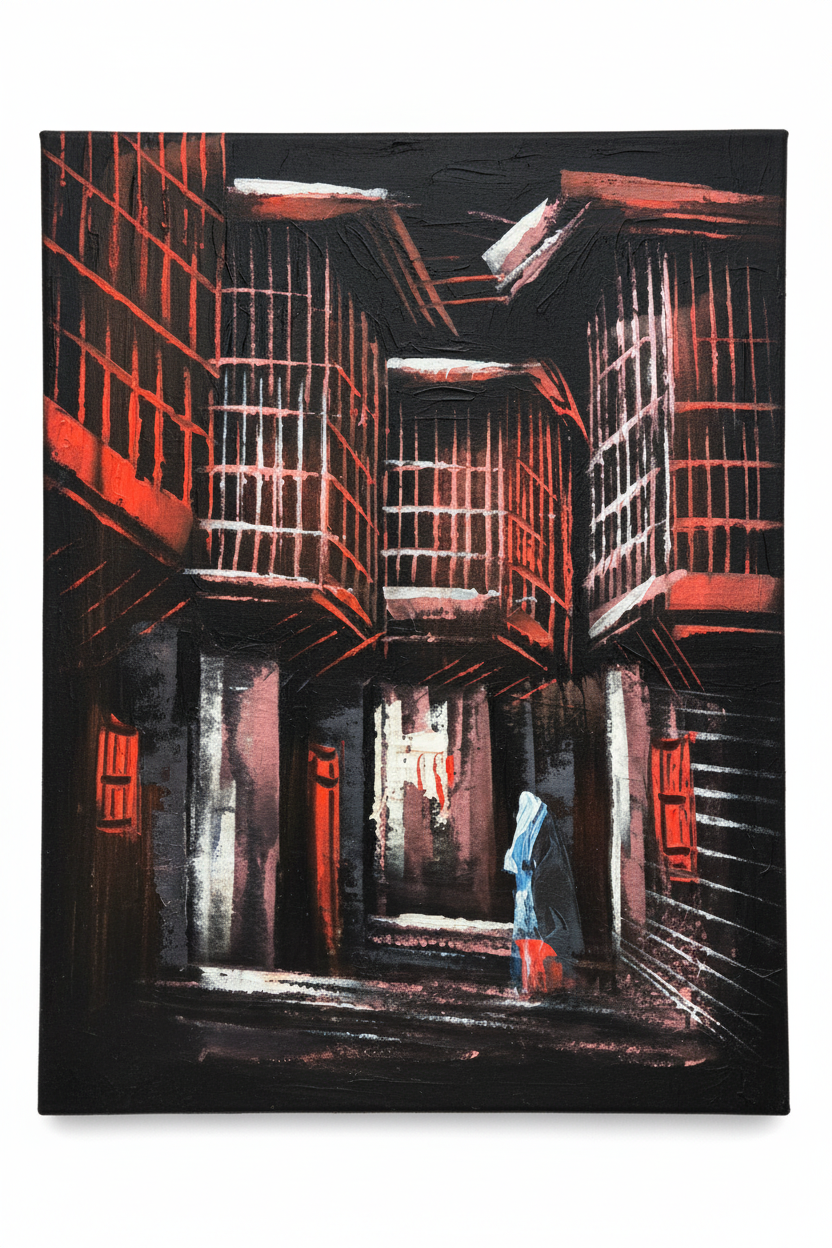 Red Alleyway at Night oil painting isolated on pure white background — clean studio product shot, no frame, portrait canvas