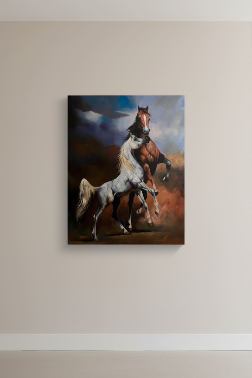 Two Arabian horses in storm canvas centered on a clean empty hallway wall