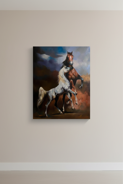 Two Arabian horses in storm canvas centered on a clean empty hallway wall