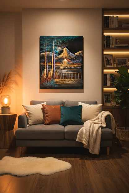 Dramatic mountain lakeside cabin night scene canvas art staged in a cozy living room sitting area above a sofa