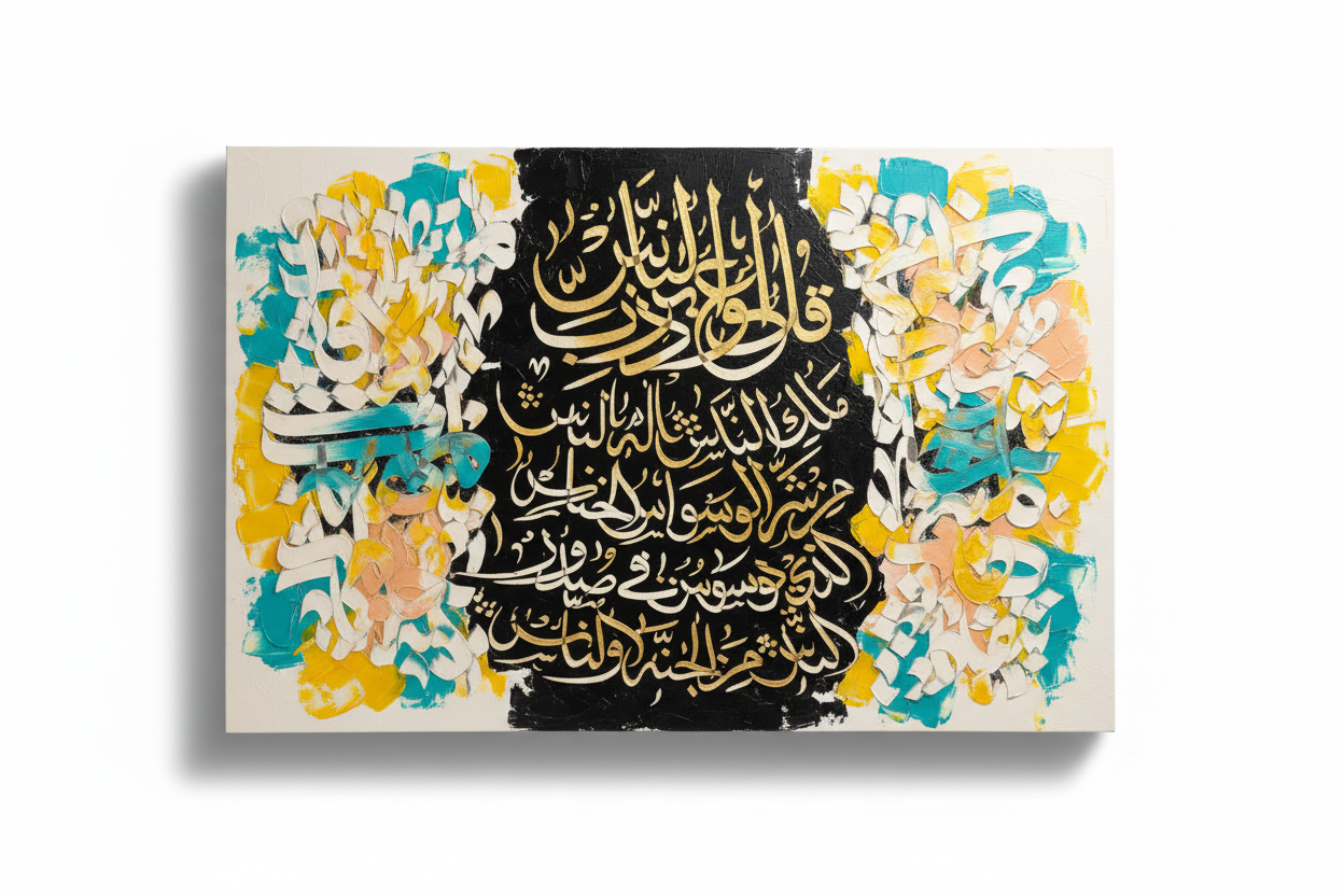 Surah An-Nas gold ivory colorful mixed-media canvas art on white background with shadow, no frame, product shot