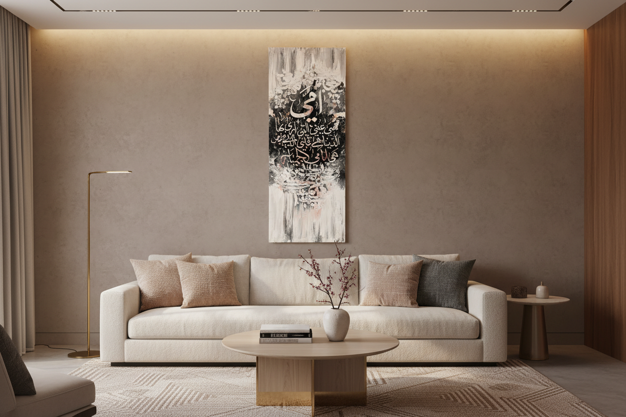 Ummi Mother Arabic calligraphy canvas wall art displayed in a modern living room, no frame