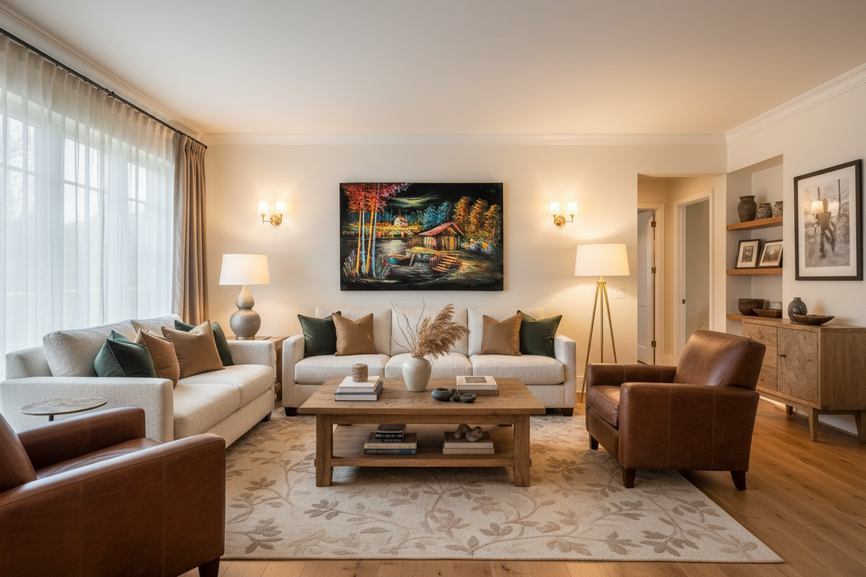 Autumn lakeside cabin canvas art in elegant luxury living room — lifestyle interior mockup