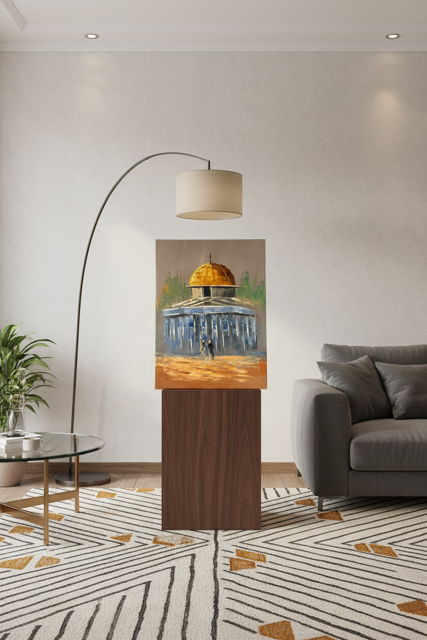 Dome of the Rock oil painting on wooden art stand in modern living room – no frame