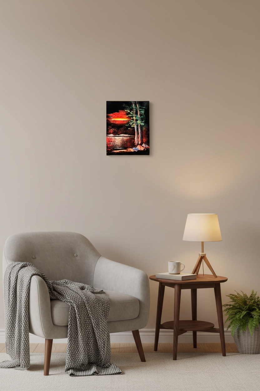Forest sunset blaze canvas art displayed in small cozy room lifestyle photo