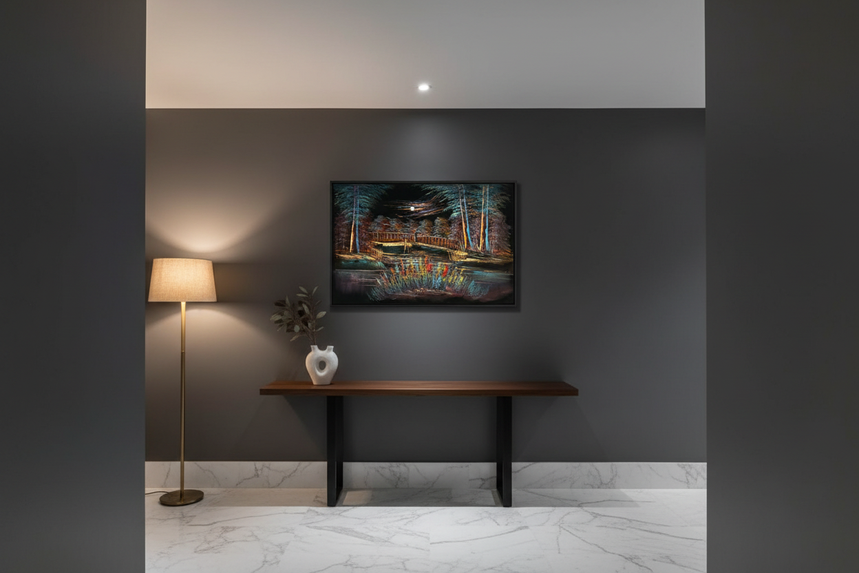 Moonlit forest bridge canvas art in upscale hallway — lifestyle interior mockup