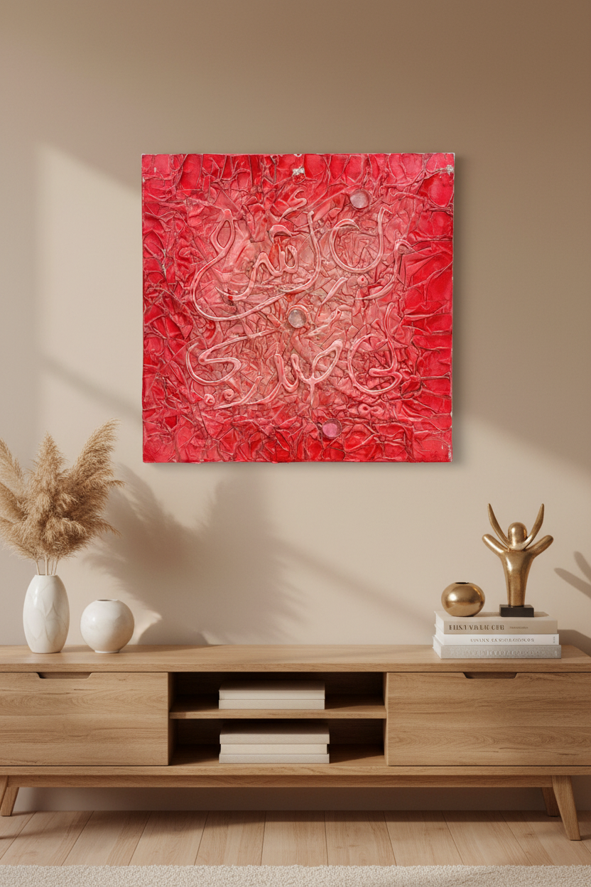 Abstract Islamic calligraphy crimson red textured canvas displayed in modern living room above console table