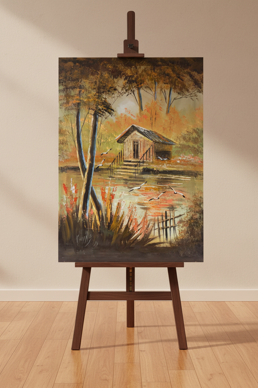 Original oil painting displayed upright on a wooden art easel stand in a warm studio, no frame
