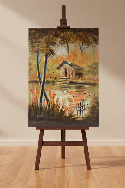 Original oil painting displayed upright on a wooden art easel stand in a warm studio, no frame