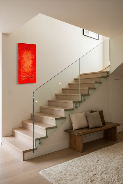 Islamic calligraphy bold red canvas on staircase wall