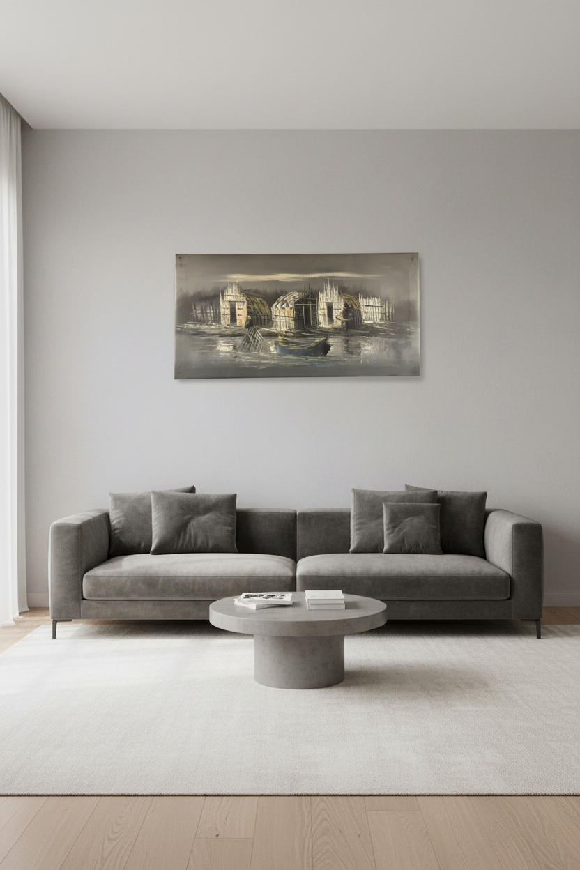 Village at the Water’s Edge oil painting on empty living room wall, no frame