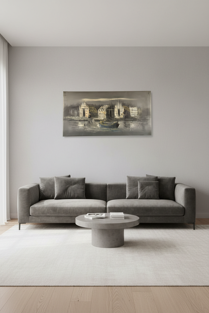 Village at the Water’s Edge oil painting on empty living room wall, no frame