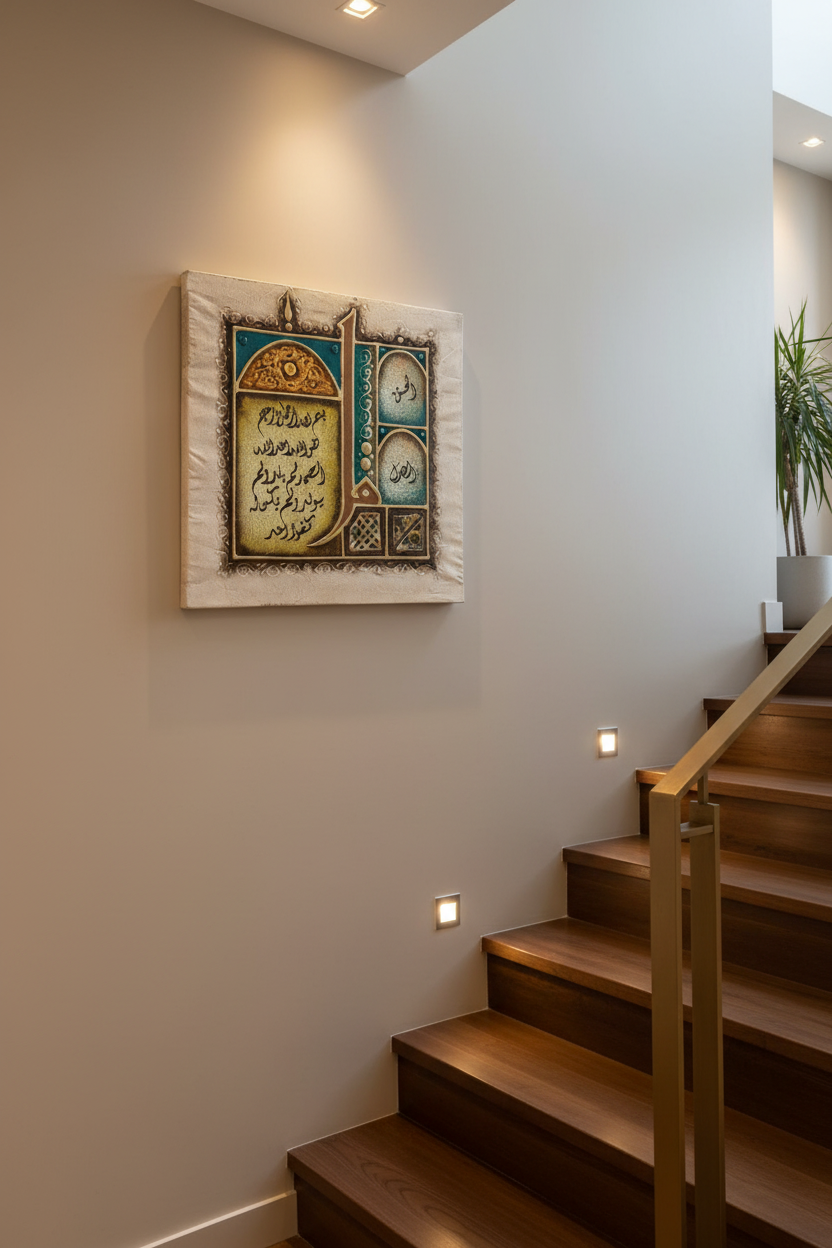 Al-Haqq Al-Adl Islamic calligraphy canvas on staircase wall – 35cm x 35cm square