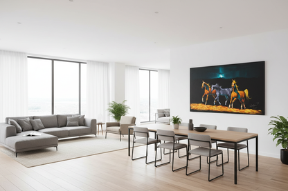 Three Arabian horses galloping at night canvas wall art displayed in open dining and sitting area