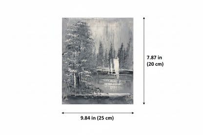 Dimension diagram showing 9.84 inch width and 7.87 inch height of the winter forest lake oil painting canvas