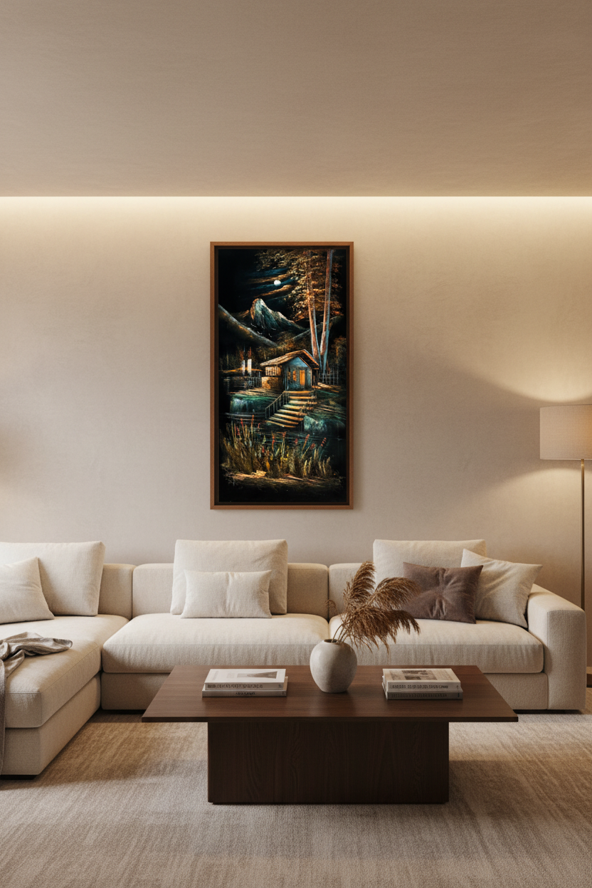 Moonlit mountain lakehouse painting displayed as statement piece in luxury living room