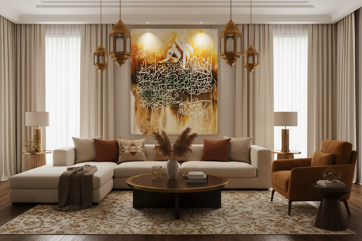 Arabic calligraphy canvas art displayed in luxury living room interior