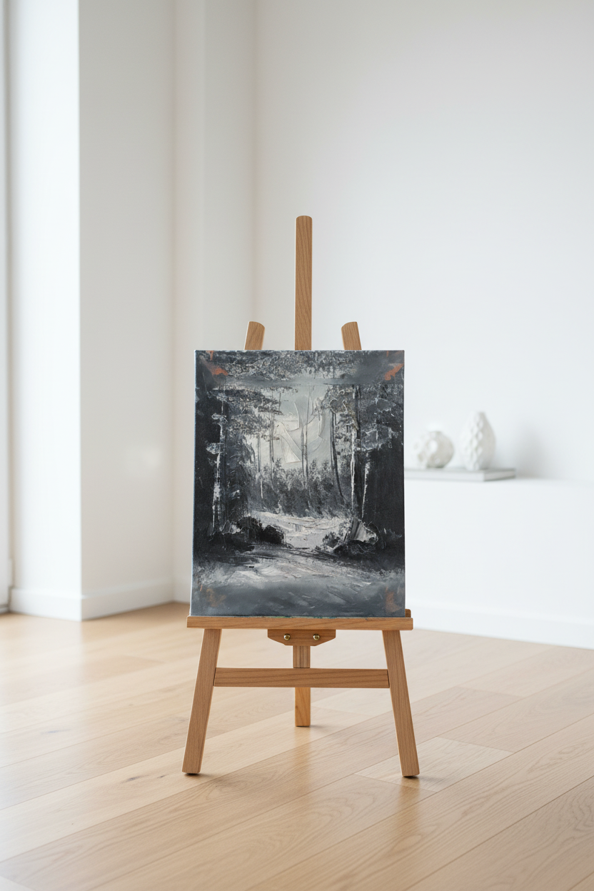 Original dark forest monochromatic oil painting displayed on wooden easel stand in bright modern interior