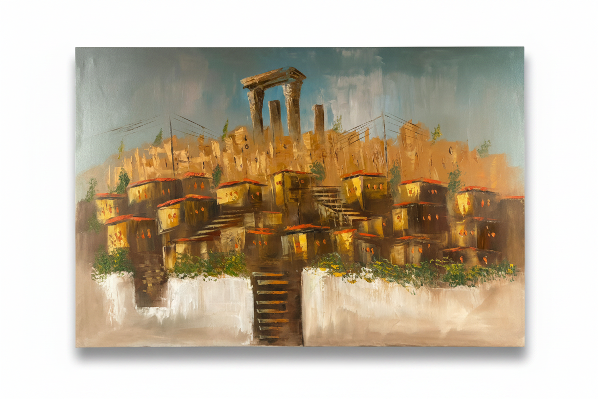 Original ancient hillside city oil painting isolated on white background with natural drop shadow, unframed canvas 35.43 by 23.62 inches